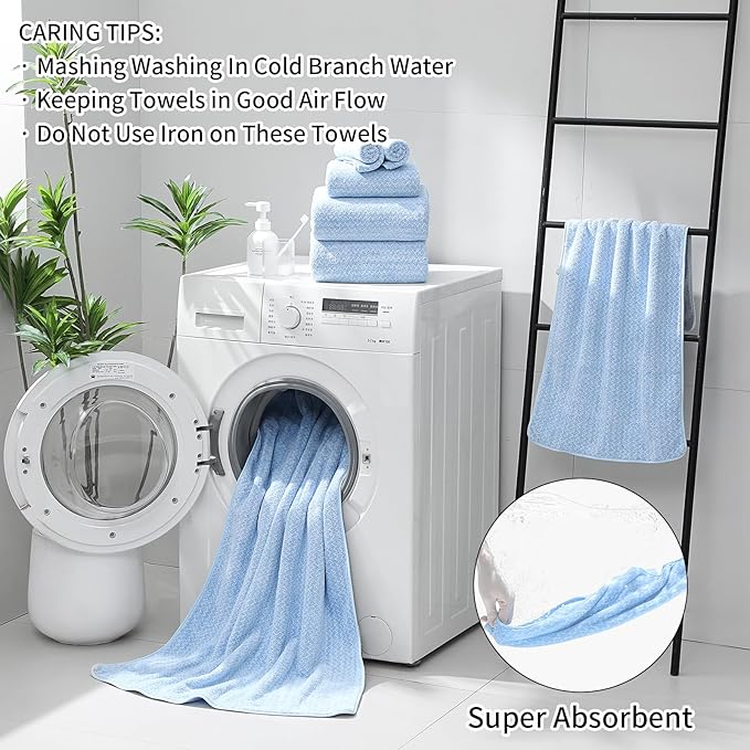 Ultra Soft Bath Towel Set,12 Piece (4 Bath Towels,4 Hand Towels,4 Washcloths) Family Bathroom Towels Set with Hanging Loop,Quick Dry Extra Absorbent Shower Towel for Bathroom,Hotel,Spa-Light Blue