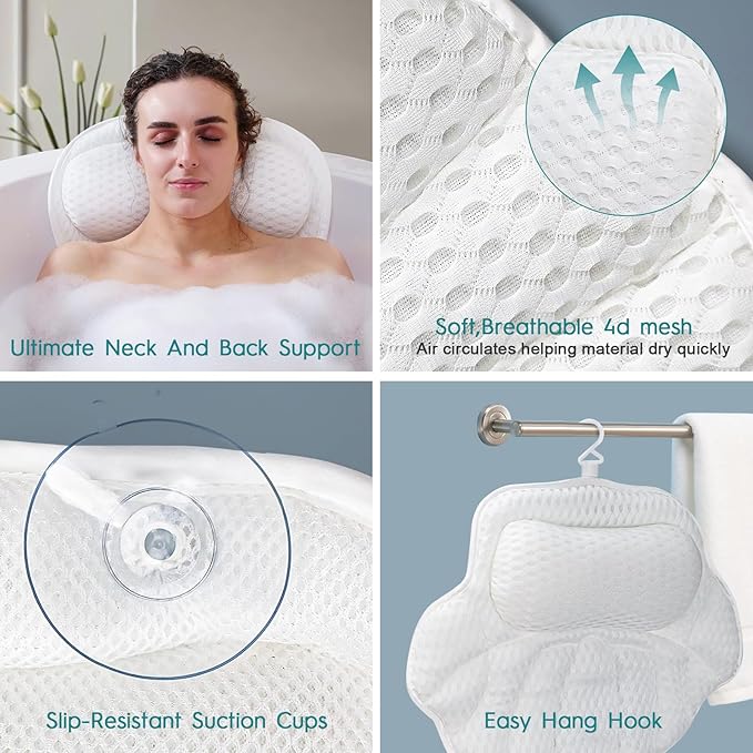 Luxury Bath Pillow for Tub - 4D Air Mesh Bathtub Pillow with 4 Non-Slip Suction Cups for Head, Neck and Back Support, Ergonomic Spa Accessories with Laundry Bag, Fits All Bathtubs