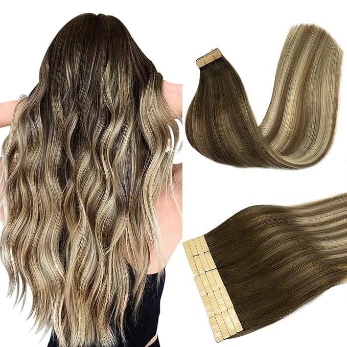 DOORES Tape in Hair Extensions Human Hair - Walnut Brown to Ash Brown and Bleach Blonde, 12 Inch 40g 20pcs, Remy Straight Hair