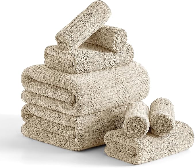 8 Piece Bath Towel Set-2 Oversized Bath Sheets(35"x70"),2 Hand Towels,4 Washcloths-Extra Large Microfiber Towel Sets,Less Lint Highly Absorbent & Quick Dry Bath Towels for Bathroom Gym Pool,Camel