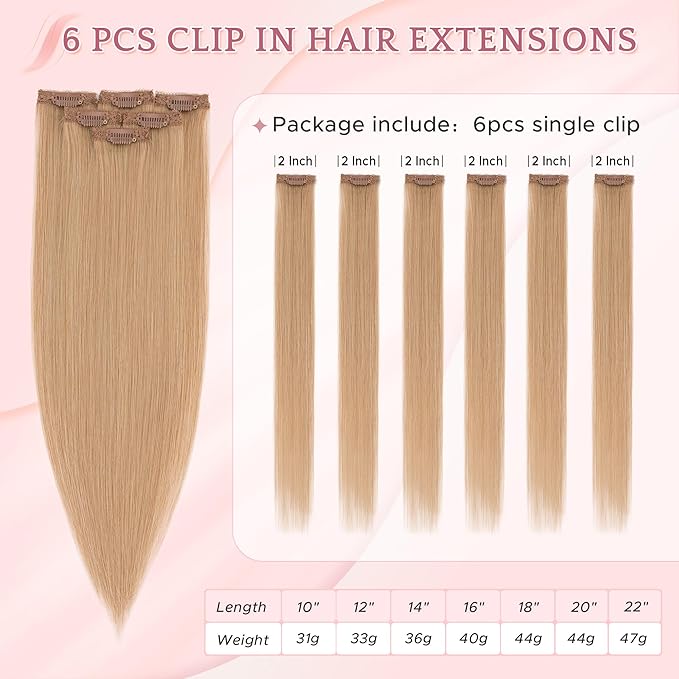 SEGO Single Clip In Hair Extensions Real Human Hair 6 Pcs Individual Clip Ins Remy Straight Soft Seamless Hairpieces for Women -20 Inch #27 Dark Blonde