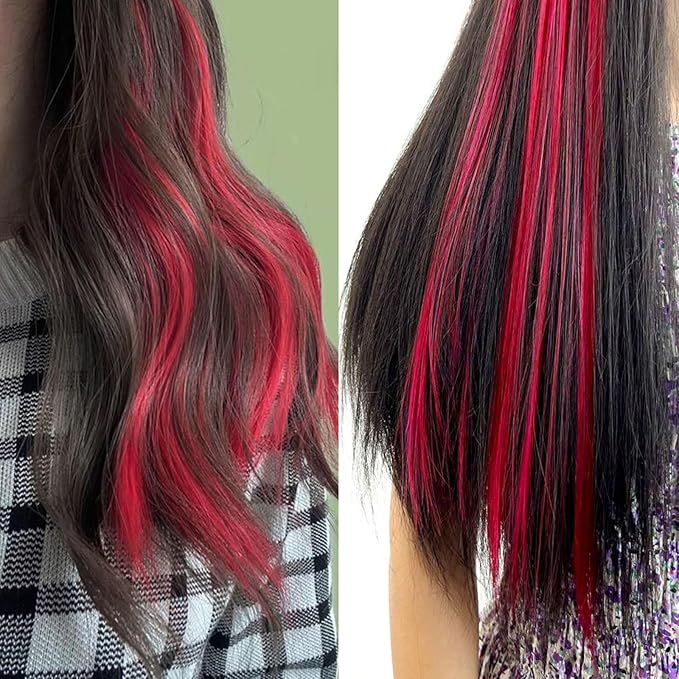 Rhyme 9PCS 21" Colored Clip in Hair Extensions Red Wig Hairpieces for Kids Girls Hair Clips Birthday and Holiday Party Highlights Dress Up hair Accessories (Red)