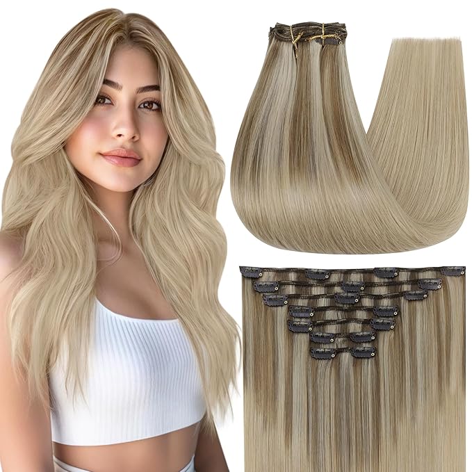 Full Shine Clip in Extensions for Women 16 Inch Teddy Bear Blonde Balayage Seamless Clip in Hair Extensions Human Hair Blonde 120 G 7 Pcs