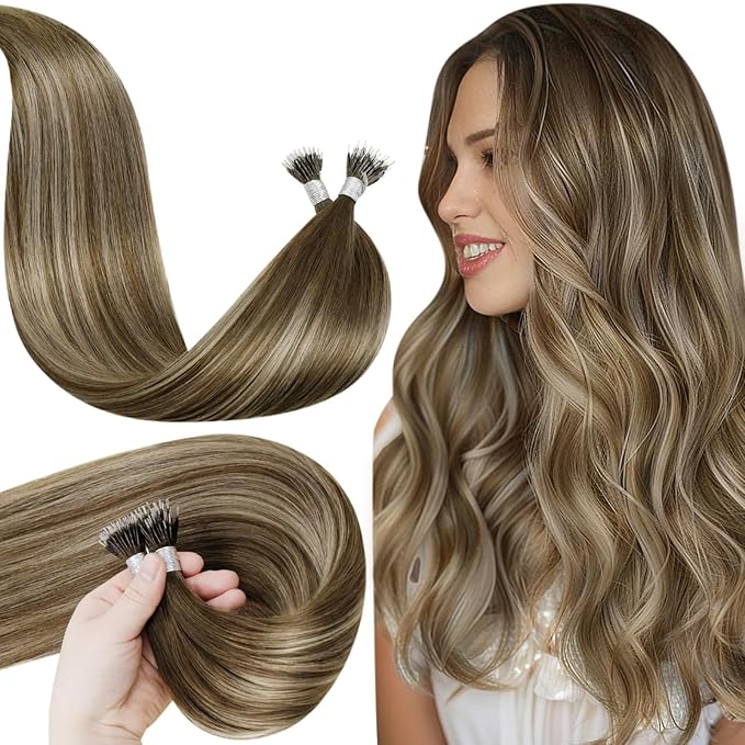 LaaVoo Nano Bead Hair Extensions Human Hair Brown Nano Tip Hair Extension Real Human Hair Balayage Dark Brown to Light Brown and Blonde 22IN 50s/50g