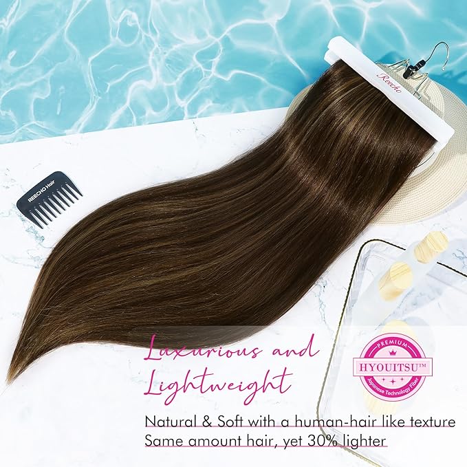 REECHO Hair Extensions, 24" Straight Long Thick 4 PCS Set Thick Clip in on Hair Extensions -Dark Brown with Highlights