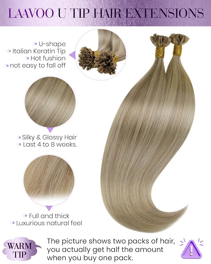 LaaVoo K Tip Hair Extensions Real Human Hair U Tip Extensions Human Hair Golden Blonde Highlights Light Blonde Ktip Extensions Soft Straight 20in 50g 50s