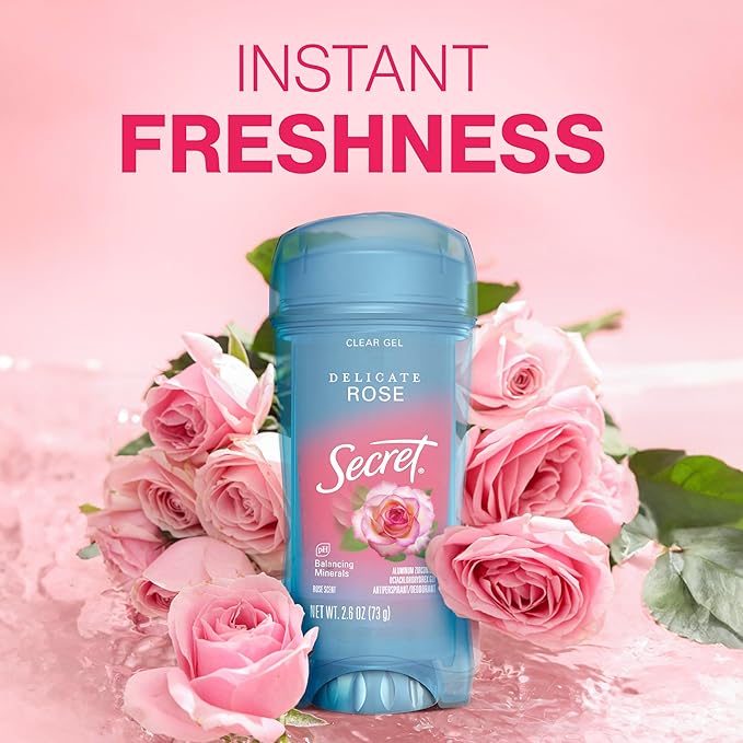 Secret Fresh Antiperspirant Deodorant for Women, 72hr Breathable Sweat & Odor Protection, Instant Freshness & Gentle, PH Balancing Minerals, Clear Gel, Delicate Rose Scent, 2.6 oz