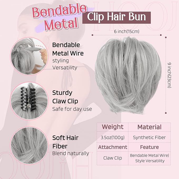 HOOJIH Messy Bun Hair Piece, Claw Clip in Straight Hair Bun 9 Inch Short Ponytail Extension with Bendable Metal Wire Hair Pieces for Women Fake Hair Bun DIY Styles - Silver Gray With Brown mixed