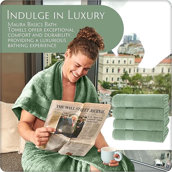 MAURA Basics Performance Bath Towels 100% Turkish Cotton with Hook Loops. Extra Large Luxury Absorbent Plush Towel Sets for Bathroom, Daily Use American Standard Size 27”x54”, Sage Green