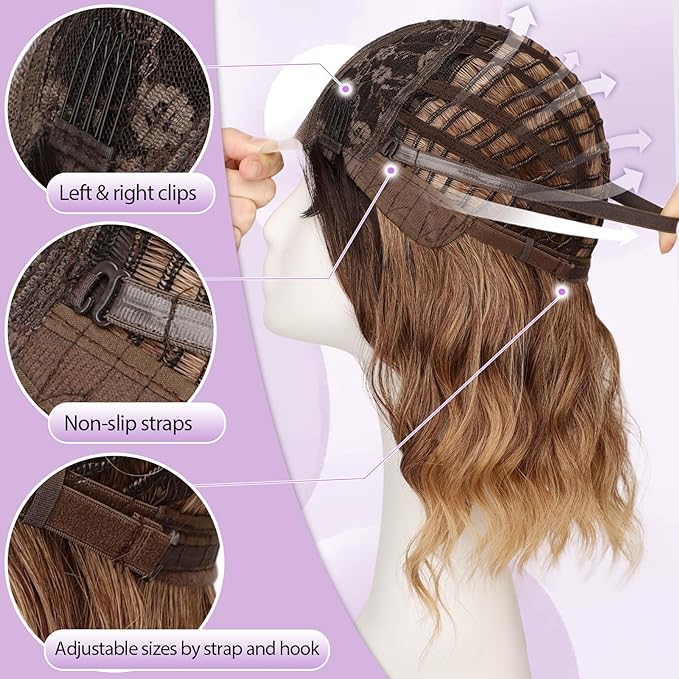 Ombre Honey Blonde Short Wavy Wig for Women Lace Hairline Bob Style Synthetic Heat Resistant - Natural Appearance for Everyday Hairstyle 14 Inch