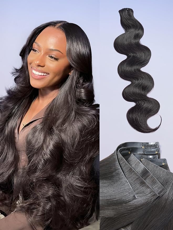 LUVME Invisible Clip in Hair Extensions Body Wave Real Human Hair, Remy Human Hair Extensions Clip ins for Women, Natural Human Hair, 16 inch 110g 6Pcs, Natural Black