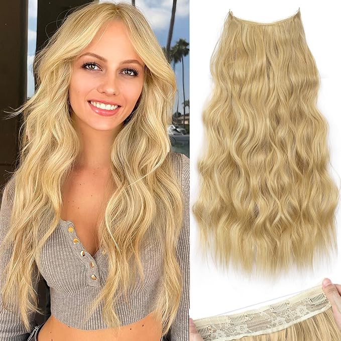 KooKaStyle Invisible Wire Hair Extensions with Transparent Wire Adjustable Size Long Wavy Synthetic Hairpiece 15/613#Golden Blonde 24 Inch with 4 Secure Clips for Women