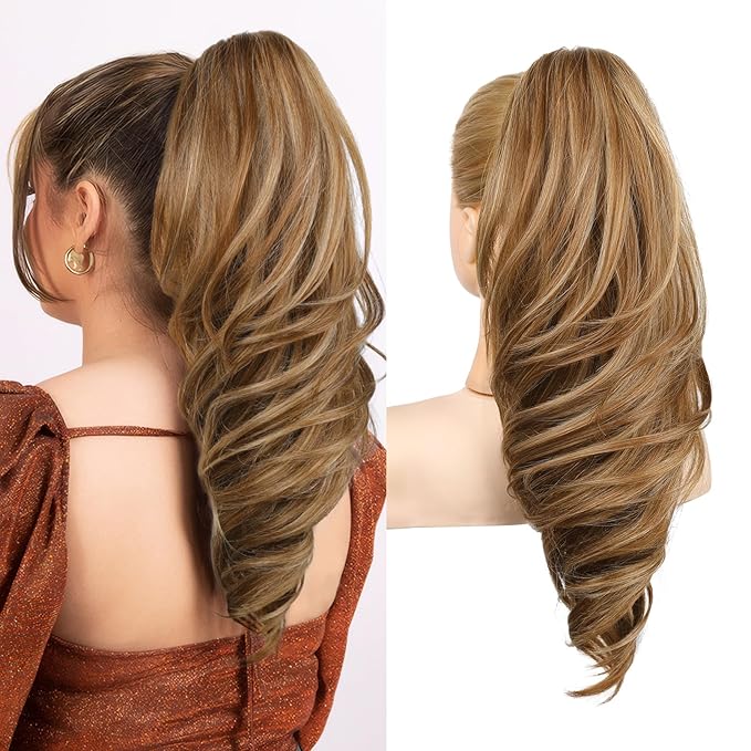 SEIKEA Ponytail Extension, 18" Wavy Claw Clip in Hair Extensions for Women, Lightweight Fluffy Synthetic Ponytail Hairpiece, Natural Soft & Easy to Wear, for Short & Medium Hair Honey Ginger