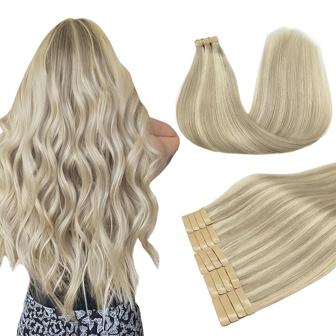 DOORES Human Hair Extensions Tape in Hair, Ash Blonde Highlighted Platinum Blonde 22 Inch 50g 20pcs, Hair Extensions Tape in Real Hair Extensions Straight Hair Extensions