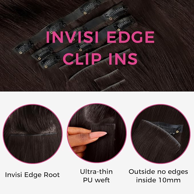 Lashey Invisi Edge Clip in Hair Extensions 18 Inch 110g 7pcs Injected Seamless PU Clip in Hair Extensions Virgin Human Hair, #2 Dark Brown Straight Hair
