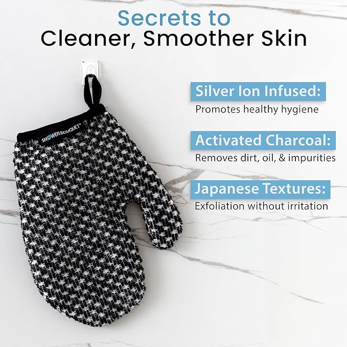 Japanese Exfoliating Mitt for Shower [1-Pack, White] - Charcoal & Silver Ion Exfoliating Glove - Gentle Exfoliation & Deep Cleansing Shower Mitt - Exfoliating Body Scrubber Glove, Soft Fabric Inside