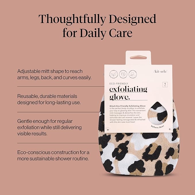 Kitsch Exfoliating Glove – Korean Exfoliating Mitt & Deep Exfoliating Body Scrubber for Shower, Bath | Body Exfoliator, Dead Skin Remover | Skin Care for Smooth, Renewed Skin - 1pc, Leopard