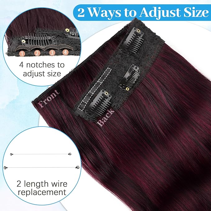 KooKaStyle Invisible Wire Hair Extensions Long Wavy Layered Synthetic Hair Extensions with Transparent Wire Adjustable Size 6 Secure Clips Ombre Burgundy mix Black Hairpieces for Women 20 Inch