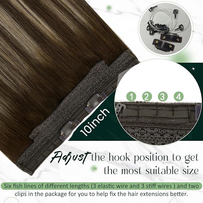 RUNATURE Invisible Wire Hair Extensions Real Human Hair with Transparent Wire 14 Inch 70g Fish Line Hair Extensions One Piece Clip in Wire Human Hair Extensions Full Ends Remy Natural Hair