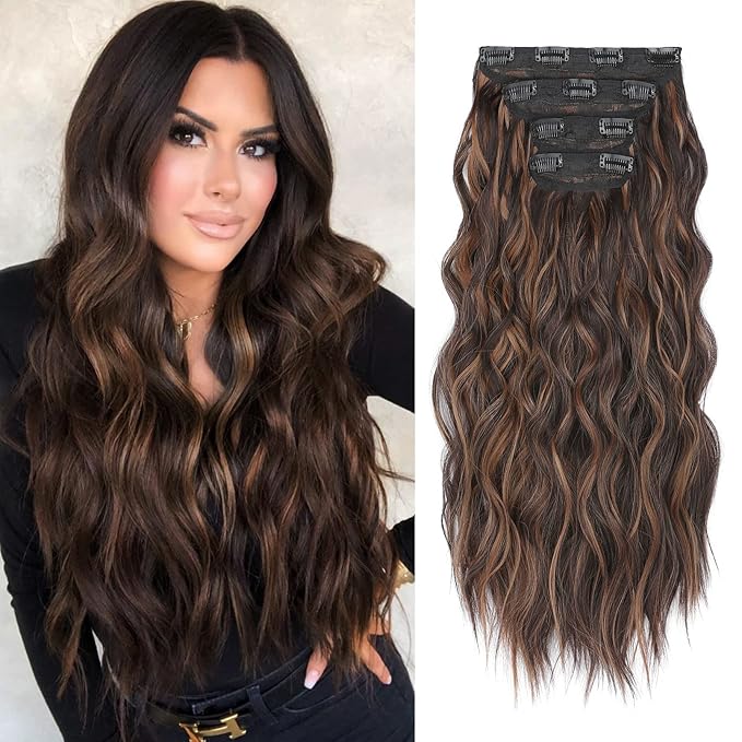 REECHO Hair Extensions, 4PCS Clip in Hair Extensions HE001 Natural Soft Synthetic Hairpieces for Women, Chestnut Brown With Blonde Highlights