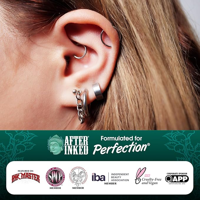 After Inked Piercing Aftercare Spray – Fine Mist, or Soak Application with Saline Solution for Ear, Nose, Belly Button, and Skin Piercings, Cleansing & Moisturizing Solution in Spray Bottle, 3 oz