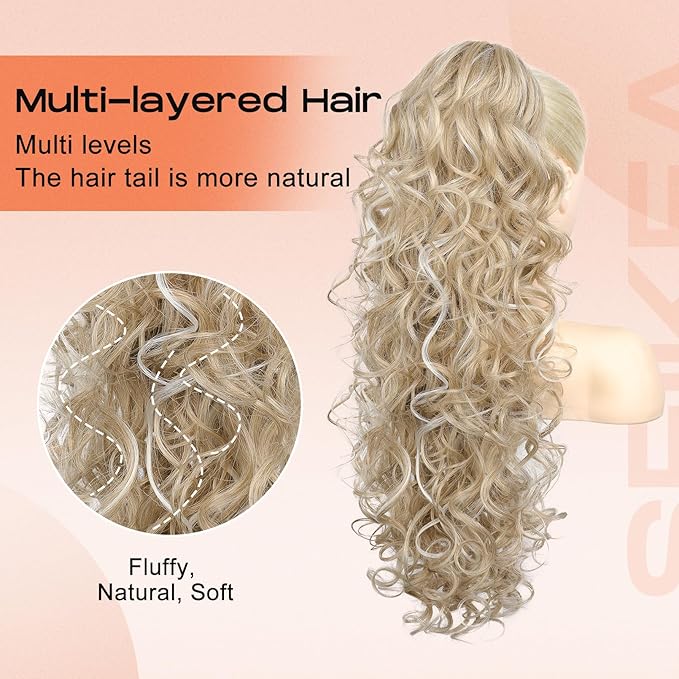 SEIKEA Ponytail Extension, 24" Fluffy Long Wavy Curly Claw Clip Hair Extensions Ponytail Multi-layered Clip in Fake Pony Tails Natural Soft Synthetic Hairpiece Ash Blonde with Highlights
