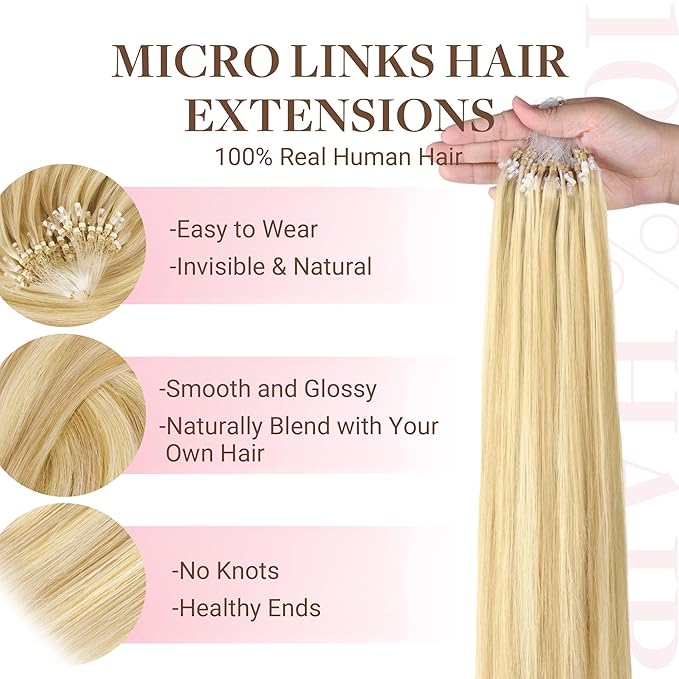 GOO GOO Micro Link Hair Extensions Real Human Hair, Upgraded 100g 100S, 20 Inch Cold Fusion Microlinks, Invisible Remy Hair, 18D/22F Dirty Blonde Highlights