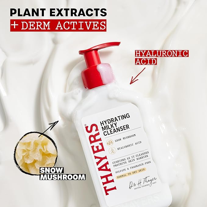 THAYERS Milky Hydrating Face Cleanser with Snow Mushroom Tremella and Hyaluronic Acid, Dermatologist Recommended Gentle Facial Wash, Hydrating Skincare for Dry, Sensitive Skin, Paraben Free, 8 Fl Oz