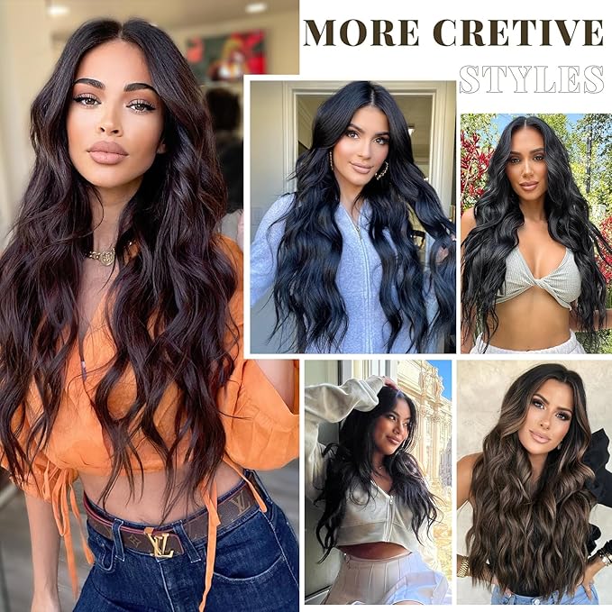 Clip in Hair Extensions Black Hair Extensions Clip ins 20 Inch Long Wavy Thick Hairpieces for Women Natural Synthetic Fiber Double Weft 4 Pcs