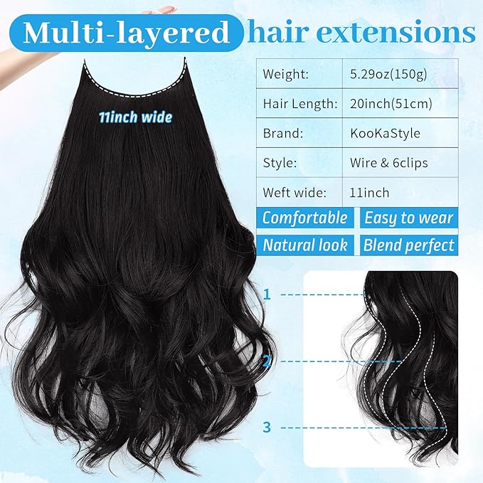 KooKaStyle Invisible Wire Hair Extensions Long Wavy Layered Synthetic Hair Extensions with Transparent Wire Adjustable Size 6 Secure Clips Natural Black Hairpieces for Women 20 Inch