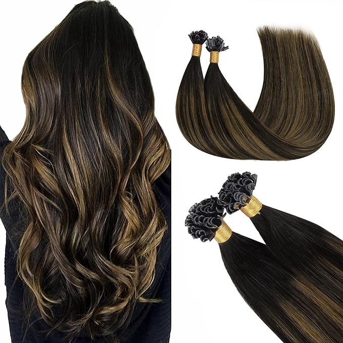 GOO GOO U Tip Hair Extensions, Real Human Hair, 22inch 50g 50S, Hot Fusion, Invisible Remy, 1B/6/1B Balayage Natural Black to Chestnut Brown
