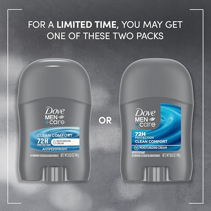Dove Men+Care Antiperspirant Deodorant Stick Clean Comfort 72-Hour Sweat & Odor Protection Antiperspirant for Men With 1/4 Moisturizing Cream 0.5 oz (Pack of 3)