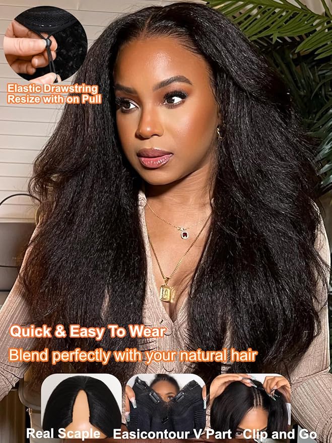 Julia Hair V Part Human Hair Wig Kinky Straight for Women Glueless Wigs Brazilian Virgin Human Hair Wigs Upgrade Upart Wig No Leave Out No Glue No Sew Natural Black Beginner Friendly 24 Inch