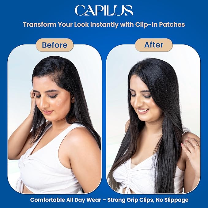 Capilus Invisible Hair Patch (Natural Black, 16 Inch 1 Pack) | 100% Indian Human Hair Extensions for Women & Girls | Natural-Looking Volumizer | Undetectable, Durable & Non-Damaging Clip Mechanism