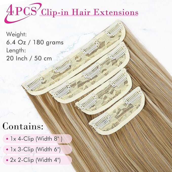 REECHO 20" Straight Long 4 PCS Set Thick Clip in on Hair Extensions Medium Blonde with Highlights