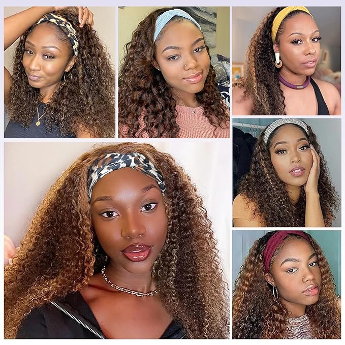 16nch Highlight Ombre Headband Wig Human Hair Deep Wave Human Hair Wigs for Black Women #4/27 Honey Blonde Glueless Machine Made Brazilian Virgin Deep Wave Half Wig Human Hair