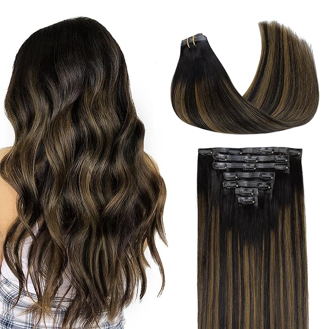 GOO GOO Clip in Hair Extensions Real Human Hair, Remy Human Hair Extensions Clip ins for Women, Natural Human Hair, 20inch 110g 7Pcs, 1B/6/1B Balayage Natural Black to Chestnut Brown
