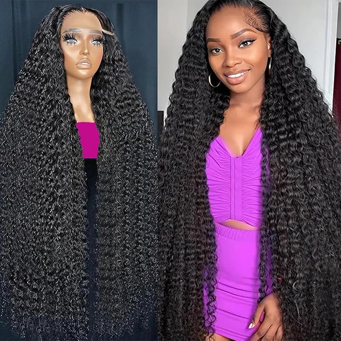 34 Inch 13x4 HD Lace Front Wigs Human Hair Deep Wave 12A Glueless Wigs Human Hair 200% Density Transparent Lace Frontal Wigs Deep Wave Pre Plucked Curly Human Hair Wig