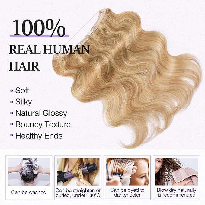 Halo Hair Extensions Real Human Hair,Halo Hair Extension 100% Human Hair,Wire Hair Extensions,Wavy 18P613 Gold Blonde Mixed Bleach Blonde 70g/20inch