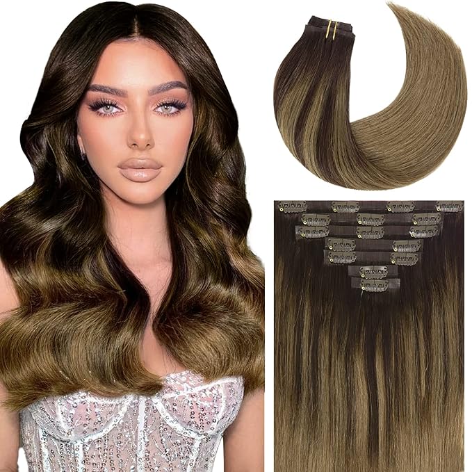 Caliee Clip in Hair Extensions Human Hair 18 Inch Dark Brown to Chestnut Brown Balayage Straight Human Hair Clip in Extensions 110G Ultra Thin PU Weft 7 Pieces
