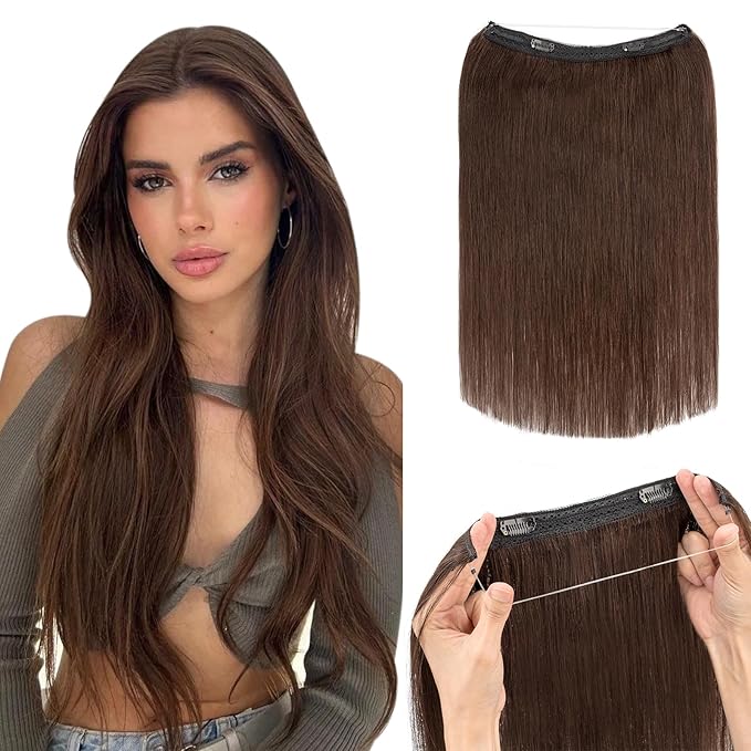 Hairro Wire Hair Extensions Human Hair, Fish Line Invisible Adjustable & Clips in Extensions Straight, 100% Real Hairpieces Seamless Blending for Women, 22 Inch 100g Dark Brown