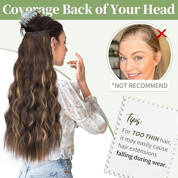 KooKaStyle Invisible Wire Hair Extensions with Transparent Wire Adjustable Size 4 Secure Clips Long Wavy Secret Synthetic Hairpiece for Women(24 Inch P6A/26#Chestnut Brown with Blonde Highlights)
