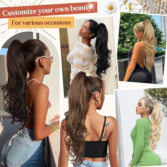 Flufymooz 26" Ponytail Extension, Long Wavy Curly Claw Clip in Ponytail Hair Extensions, Natural Synthetic Hairpiece for Women Daily Wear(Dark Chocolate Brown)