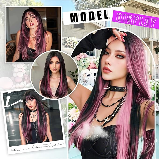 Vigorous Clip in Hair Extensions Straight 4Pcs Black Mix Purple Highlights Hair Extension 22 Inch Soft Full Head Weddings Party Daily Use for Women