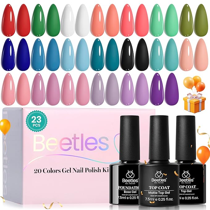 Beetles Winter Gel Polish Christmas Gel Nail Polish 20 Colors Red Green White Black Nude with Base Top Coat Trendy Colors Uv LED Lamp Salon DIY at Home Nails Gifts for Women Vibrant Subtle