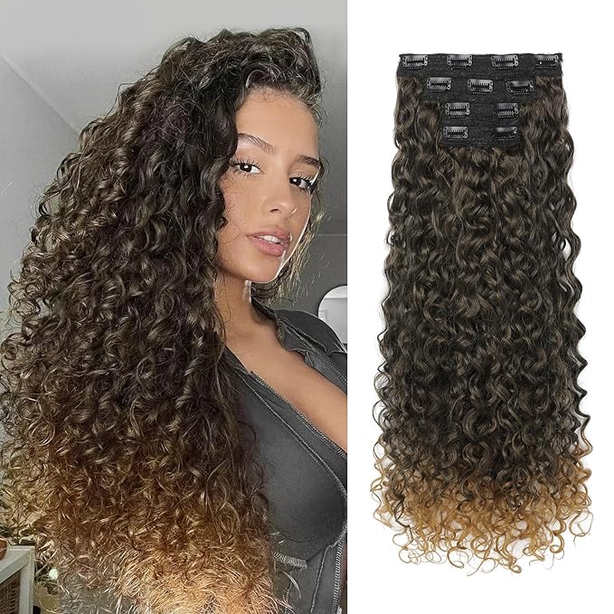 LONAI 4PC Clip in Hair Extensions, 100％ Pure Protein Silk Curly Hair Extension for Women, 26 Inch Long Soft Natural Hair Extensions-Brown to Dirty Blonde
