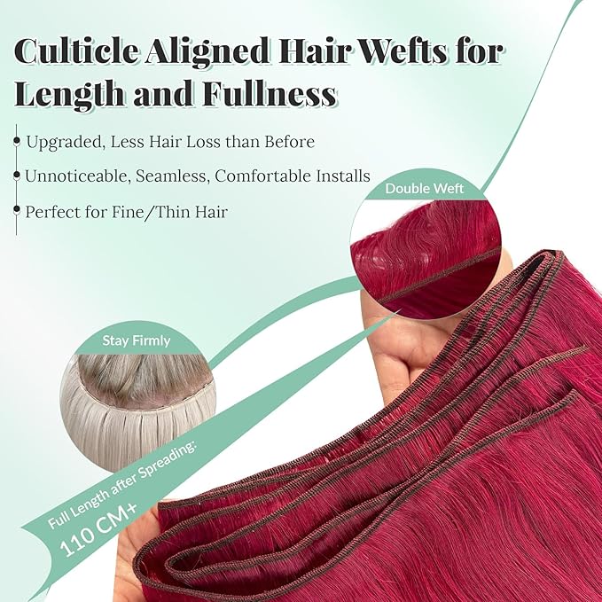Sew in Hair Extensions Human Hair Burgundy Straight 18 Inch 100G Double Weft Human Hair Weft Hair Bundles Sew in Hand Tied Extensions Burgundy Wine Red Real Human Hair Weave for Women