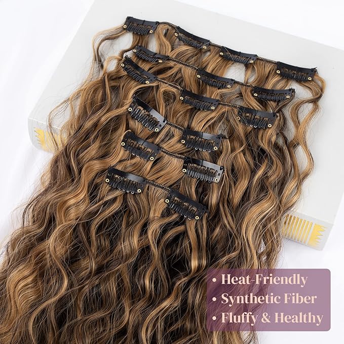 LONAI Clip In Hair Extensions, 6PCS Curly 24" Long Synthetic Clip On Hairpiece For Women-Chocolate Brown with Caramel Blonde Highlights