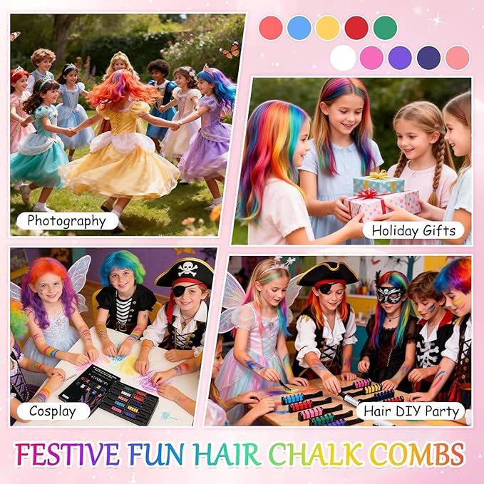 10 Colors Festive Fun Hair Chalk Combs, 10 Colors Instant Hair Color Comb Washable Quick Dry Vibrant Temporary Color, 2026 New Chalk Hair Color, for Birthday Party, Christmas Gifts