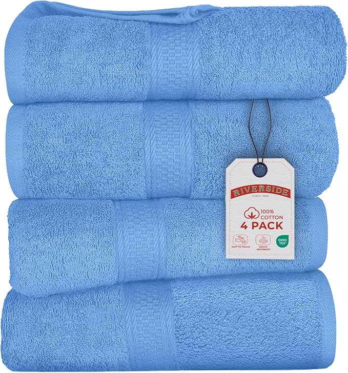 RIVERSIDE 100% Ring Spun Cotton Large Bath Towels Set of 4, 27 x 54 Inches – Quick Dry, Soft & Highly Absorbent Towels for Shower & Bathroom – Luxury 600 GSM Towels for Home, Spa, Gym, Medium Blue
